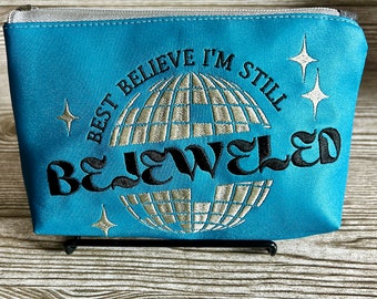 embroidered zipper bag - blue faux leather bejeweled disco ball