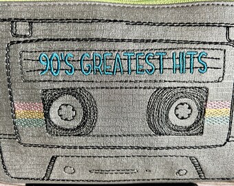 embroidered zipper bag - shiny silver faux leather with cassette tape 90's greatest hits