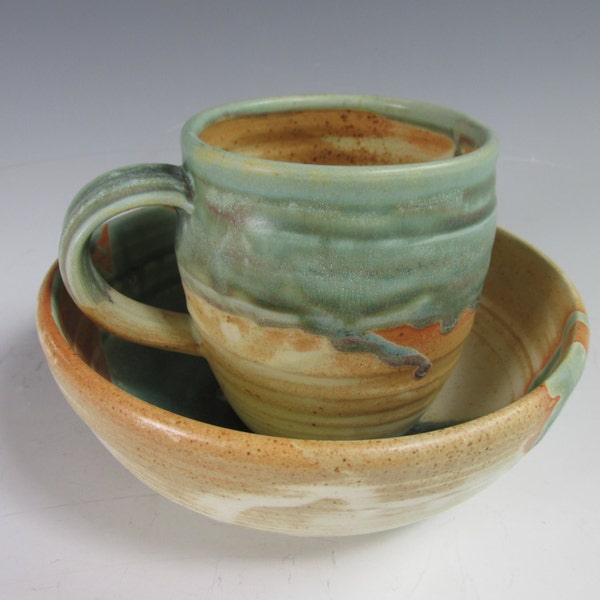 Stoneware breakfast set. Yellow, golden brown and copper green