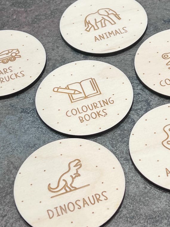 Personalized Wooden Playroom Labels: Engraved Nursery Storage Tags - Set of 6