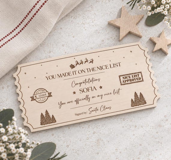 The Original Personalised 'Santa Nice List Ticket': Laser Engraved Christmas Decor