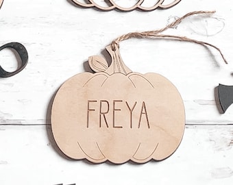 Personalized Halloween Pumpkin Tag: Laser Engraved Wooden Trick or Treat Basket Label