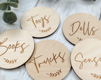 Set of 6 Custom Laser Engraved Wooden Storage Labels