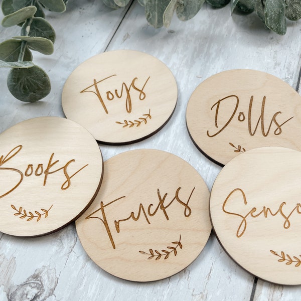 Set of 6 Custom Wooden Storage Labels | Nursery Decor | Playroom Labels | Trofast | Bedroom Storage Tags | Laser Engraved