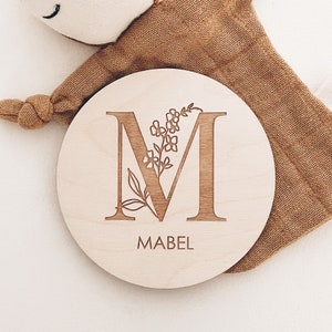 Baby Name Announcement Plaque | Botanical Monogram New Baby | Floral Wooden Disc | Social Media Flat Lay Prop | Laser Engraved | UK
