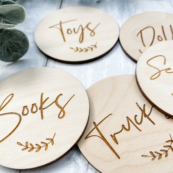 Set of 6 Personalised Wooden Playroom Labels | Nursery Decor | Storage Tags and Labels | Trofast | Laser Engraved