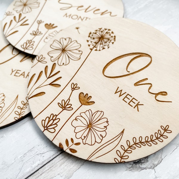 Dandelion Wishes Baby Milestone Discs | Wooden Milestone Markers | Laser Engraved and Cut | Social Media Flat Lay Prop | Flowers | Dandelion