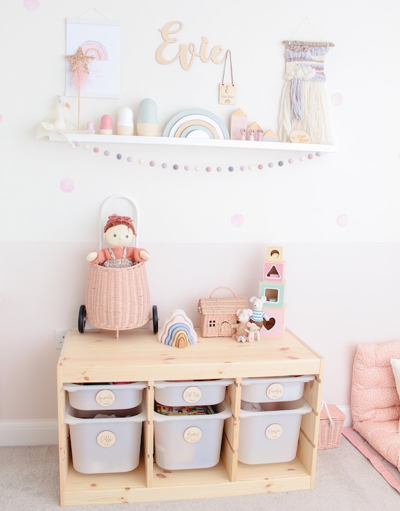 Rainbow Wooden Playroom Labels: Personalized Toy Storage Tags (set