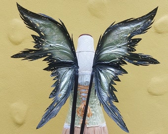 Custom X Large size Silver and Black 4 Wing Tattered Faerie Wings with black/silver glitter