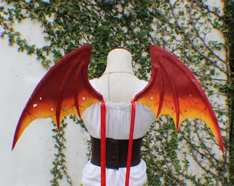 Custom deep red orange and yellow hand painted layered foam dragon inspired wings