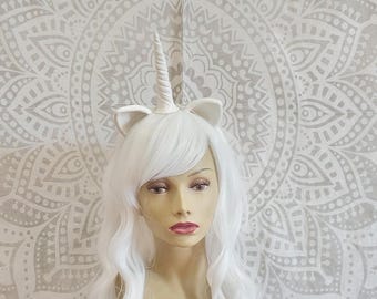 4 piece unicorn inspired set in White wig tail ears and horn