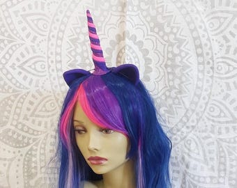 4 piece unicorn inspired set in Purple Pink Blue wig tail ears and horn