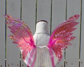 Small Medium Hot Pink Iridescent Fairy Inspired Wings with pink iridescent glitter, jewels and feathers
