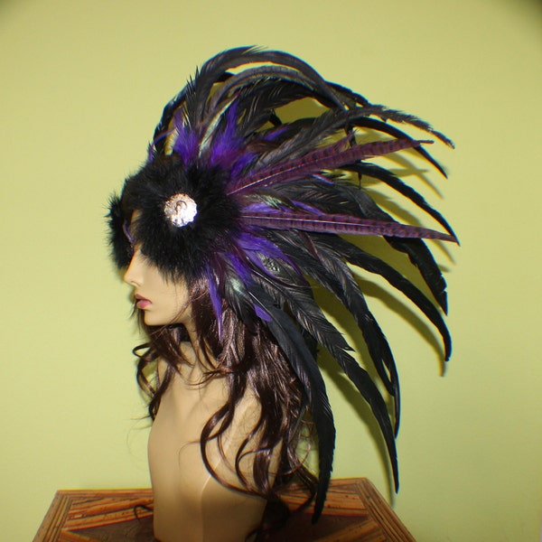Ready to ship Purple, black, green, and plum feather headdress with silver pendants