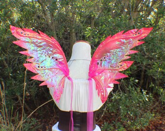 Small Medium Hot Pink Iridescent Fairy Inspired Wings with pink iridescent glitter, jewels and feathers