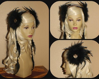 Ready to ship Black and gold feather headband with gold goddess pendants