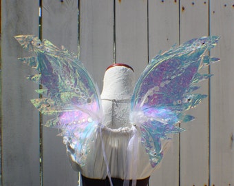 Small Medium White Iridescent fairy Inspired Wings with white iridescent glitter and iridescent jewels