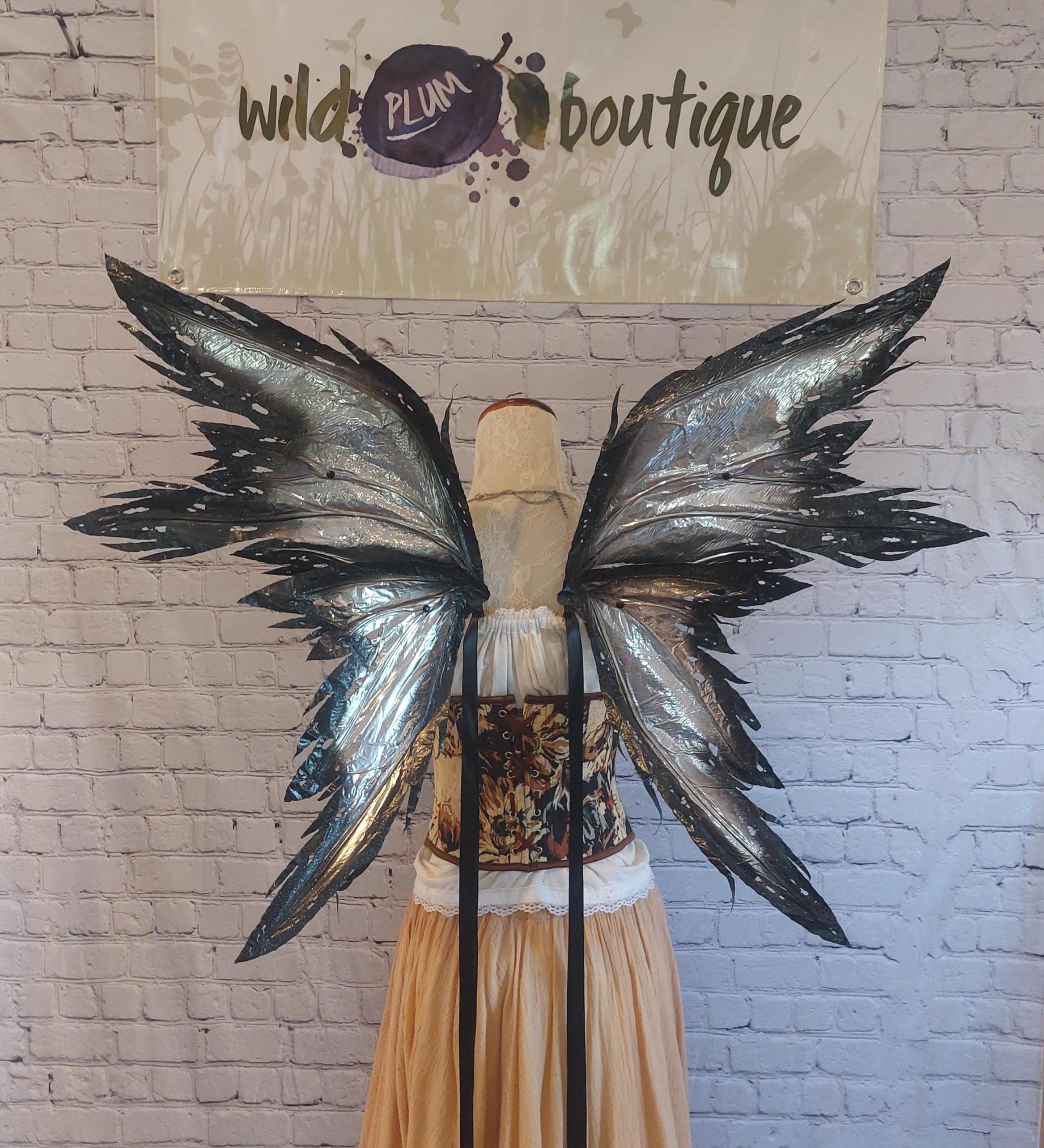 Silver and Black 4 Wing Tattered Faerie Wings With Black and 