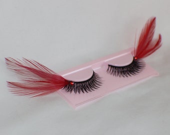 Red and black feather lashes with red jewels