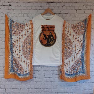 Upcycled Rock T Shirt Poncho Kantha Kimono top white orange blue green red black