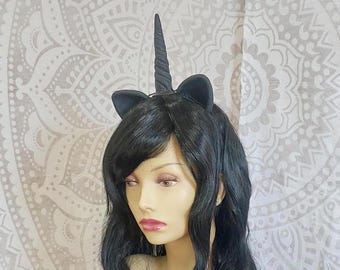4 piece unicorn inspired set in Black wig tail ears and horn