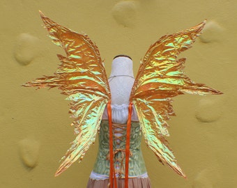 Custom X Large size Orange Iridescent 4 Wing Tattered Faerie Wings with orange glitter