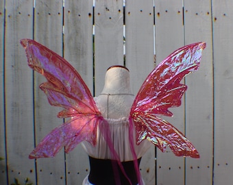 May include: Iridescent pink fairy wings with a shimmering effect. The wings are attached to a white top with a black corset-style waist. A pink ribbon is attached to the wings.