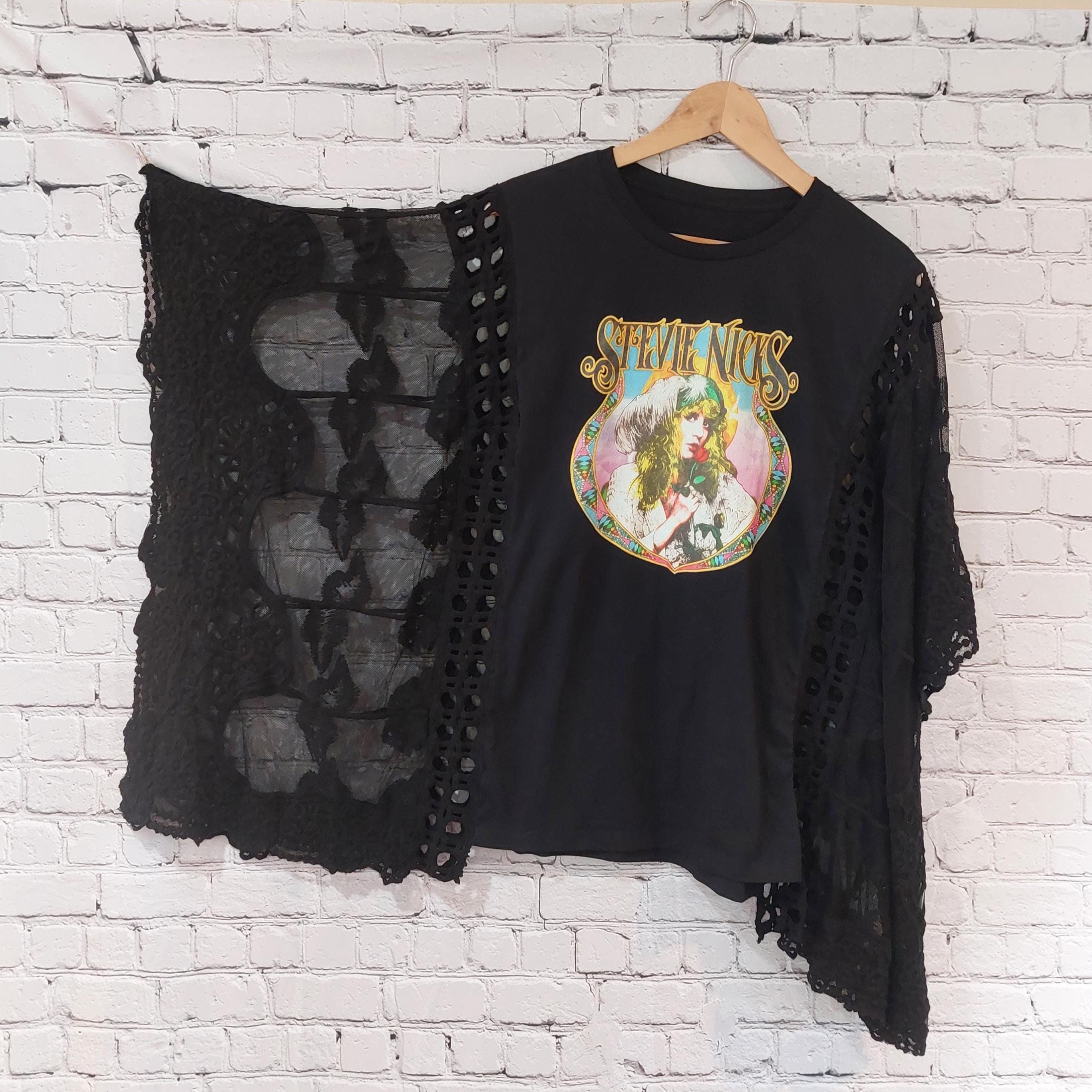 Upcycled Black and Blue multicolor Kantha Rock T Shirt Lace Poncho Top