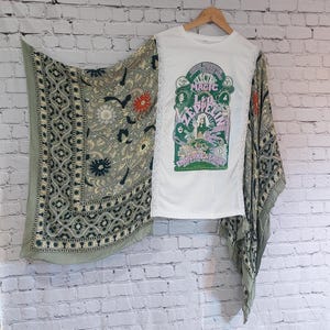 Upcycled White green and pink multicolor Kantha Rock T Shirt Poncho Top Poncho