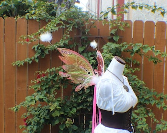 Custom order Pink iridescent transparent fairy wings with glitter sparkling jewels and feathers