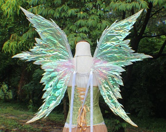 Custom X Large size White Iridescent 4 Wing Tattered Faerie Wings with white iridescent glitter