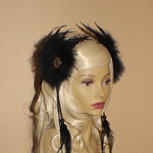 Ready to ship Black and gold feather headband with gold goddess pendants
