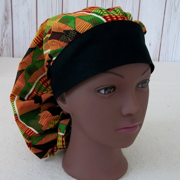 African Themed Print Bouffant or Pony Tail Womens Surgical Scrub Cap Hat ~ With or Without Buttons