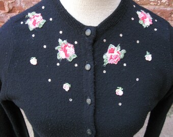 Vintage Black Cardigan Sweater with Floral Applique and  Rhinestone