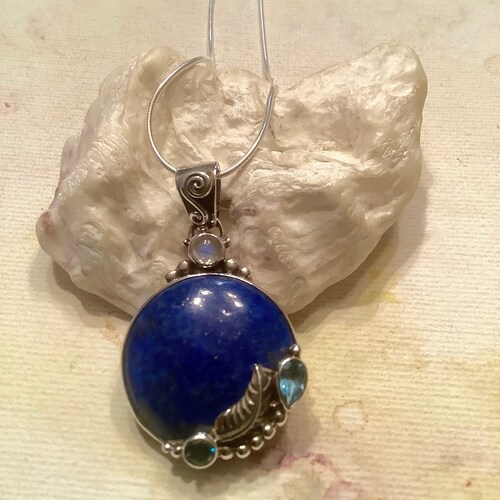 Lapis Lazuli Pendant, Cobalt Blue Colour with Gold Pyrite, Blue Topaz, Apatite, Rainbow Moonstone, Sterling Silver, Birthstone, shops Bali Design