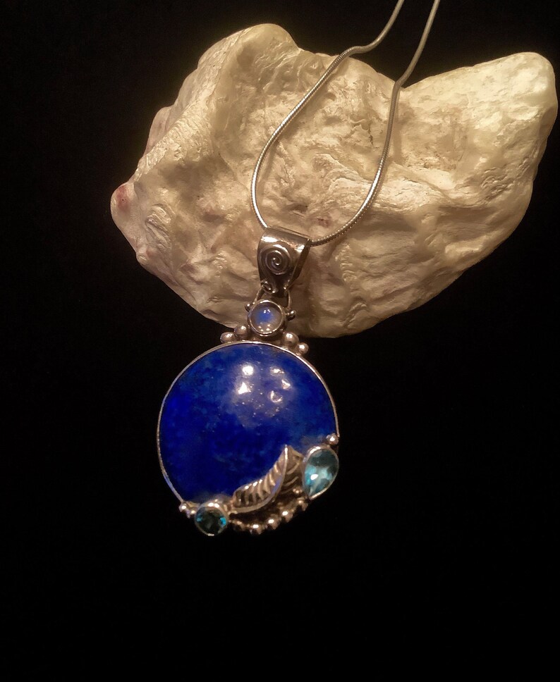 Lapis Lazuli Pendant, Cobalt Blue Colour with Gold Pyrite, Blue Topaz, Apatite, Rainbow Moonstone, Sterling Silver, Birthstone, shops Bali Design