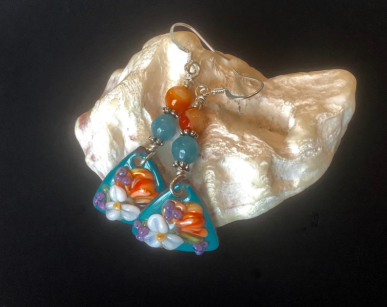 Drop Earrings Carnelian Floral Earrings Tropical Inspired Hypoallergenic Earwires Turquoise /& Orange for TeenWomen Enamel on Copper