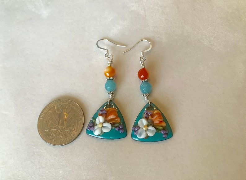 Drop Earrings Carnelian Floral Earrings Tropical Inspired Hypoallergenic Earwires Turquoise /& Orange for TeenWomen Enamel on Copper