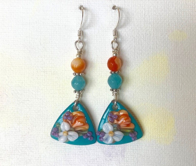 Drop Earrings Carnelian Floral Earrings Tropical Inspired Hypoallergenic Earwires Turquoise /& Orange for TeenWomen Enamel on Copper