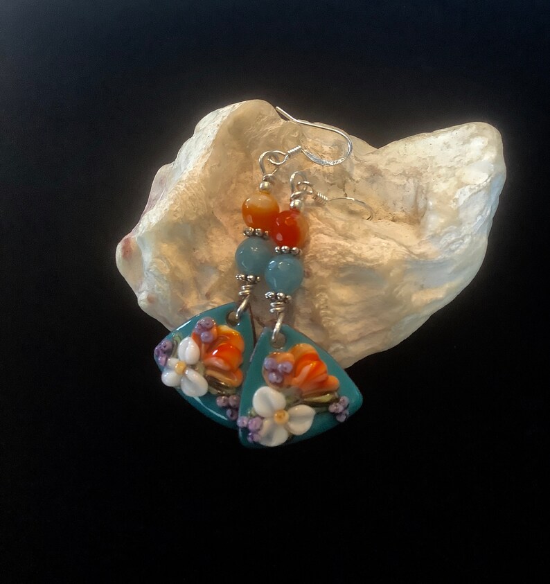 Drop Earrings Carnelian Floral Earrings Tropical Inspired Hypoallergenic Earwires Turquoise /& Orange for TeenWomen Enamel on Copper