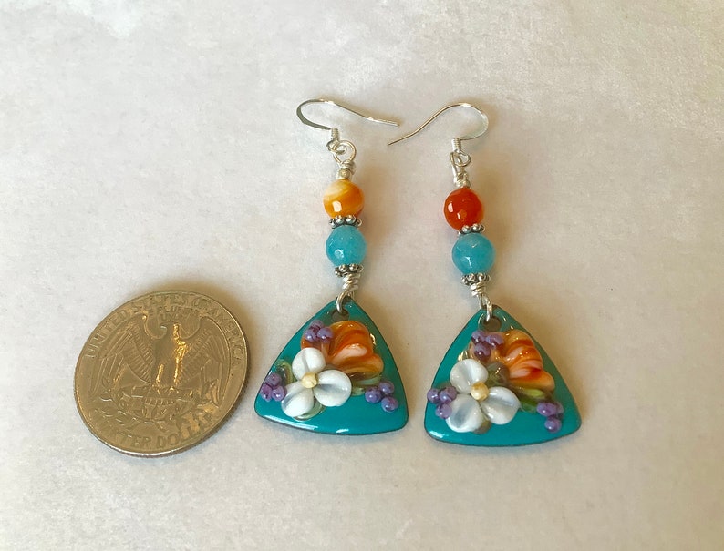 Drop Earrings Carnelian Floral Earrings Tropical Inspired Hypoallergenic Earwires Turquoise /& Orange for TeenWomen Enamel on Copper