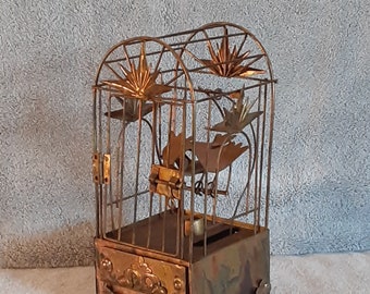 Music Box - Copper Metal Sculpture - Bird in a Cage on a Swing - Yellow Bird