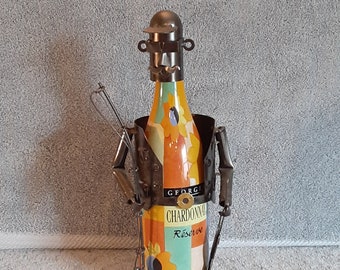 Metal Art Wine Bottle Holder - Fishing Theme - Fisherman Theme Wine Bottle Caddie - Metal Art