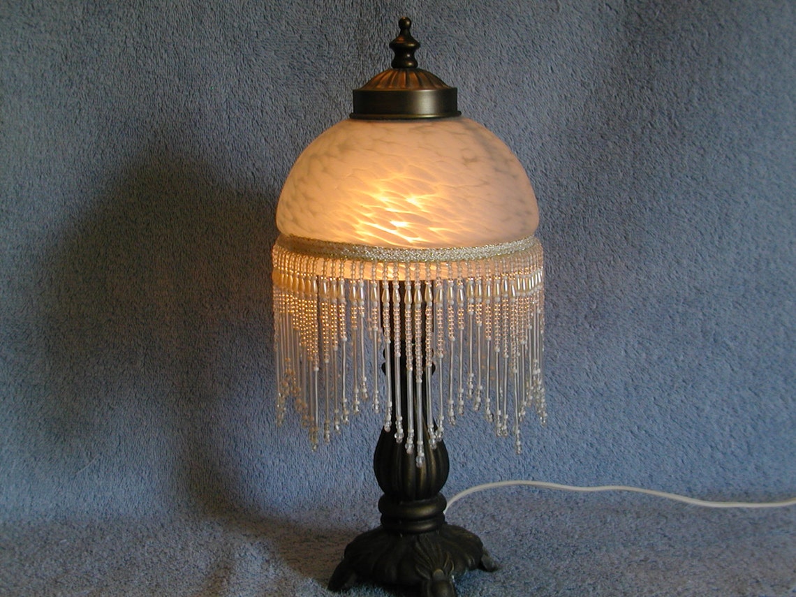 Boudoir Lamp Glass Shade and Beaded Fringe Etsy