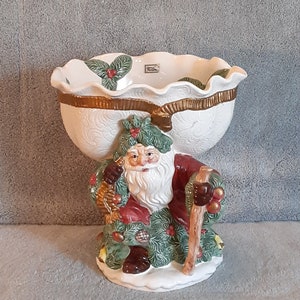 Candy Dish - Fitz and Floyd 1991 - Christmas Candy Dish - Made in Taiwan - Hand Painted - Woodland Santa