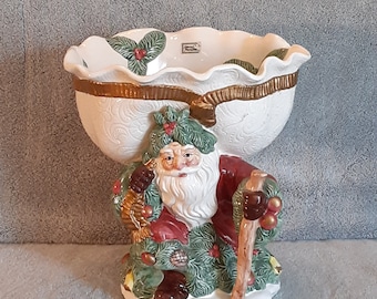 Candy Dish - Fitz and Floyd 1991 - Christmas Candy Dish - Made in Taiwan - Hand Painted - Woodland Santa