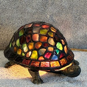 Turtle Lamp Cast Iron - Multi-Colored Leaded Stained Glass - Accent Lamp - Nightlight