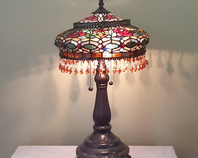 Stained Glass Lamp Floral Motif With Beaded Fringe Table Etsy