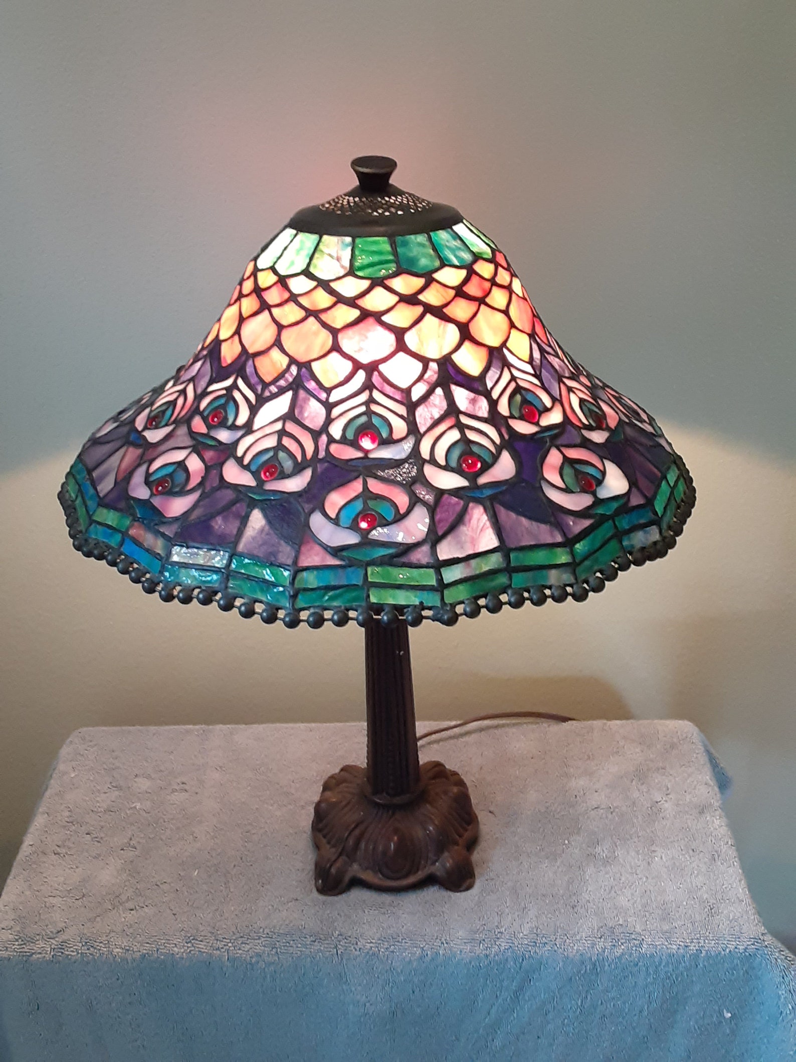 Stained Glass Lamp Dale Tiffany Peacock Pattern Accent Etsy