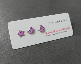 Pink Trio Galaxy Studs | Star and Moon Stud Earrings | Mix and Match | Resin Earrings | Surgical steel